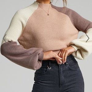 SHOWPO Kensley Jumper - Colour Block Mock Neck Balloon Sleeve Sweater in Sz M